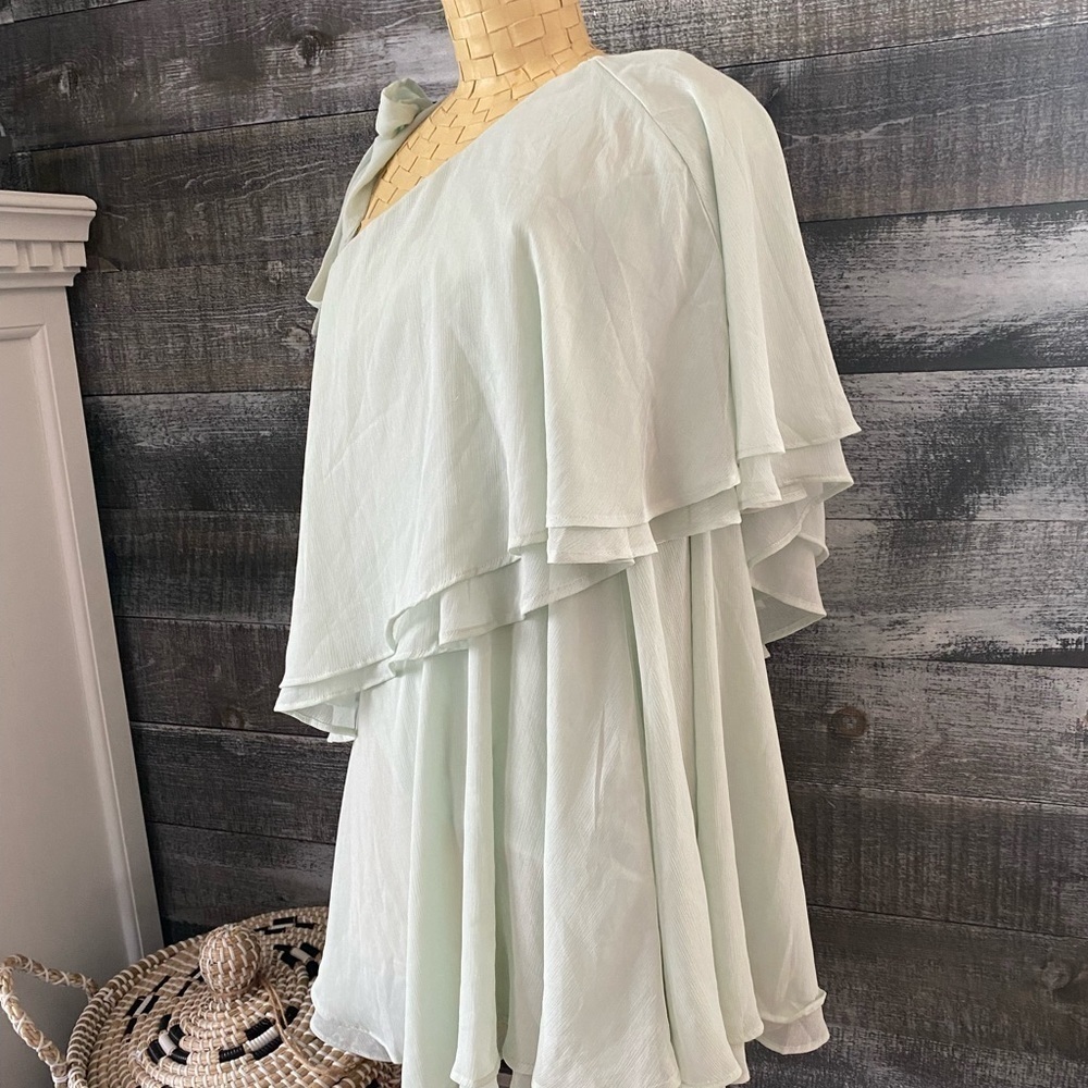 H & M tiered one shoulder pastel mint mini dress w/ bow shoulder strap